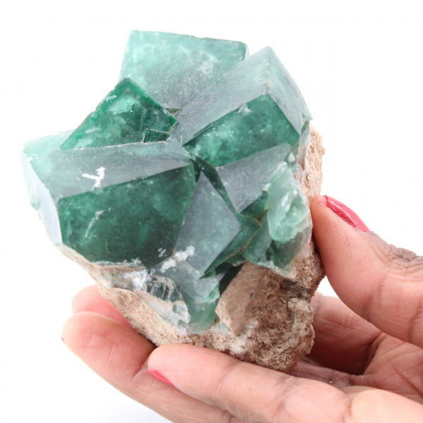 Kubieke kristallen van groen fluoriet op massief fluoriet