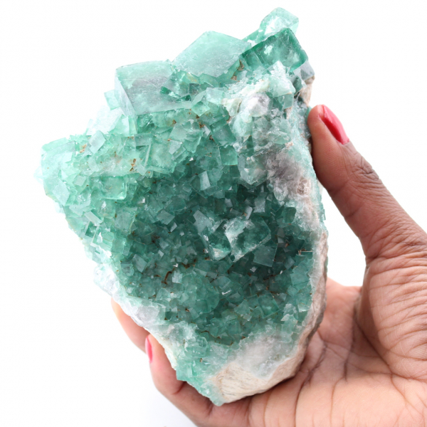 Kubieke kristallen van groen fluoriet op massief fluoriet