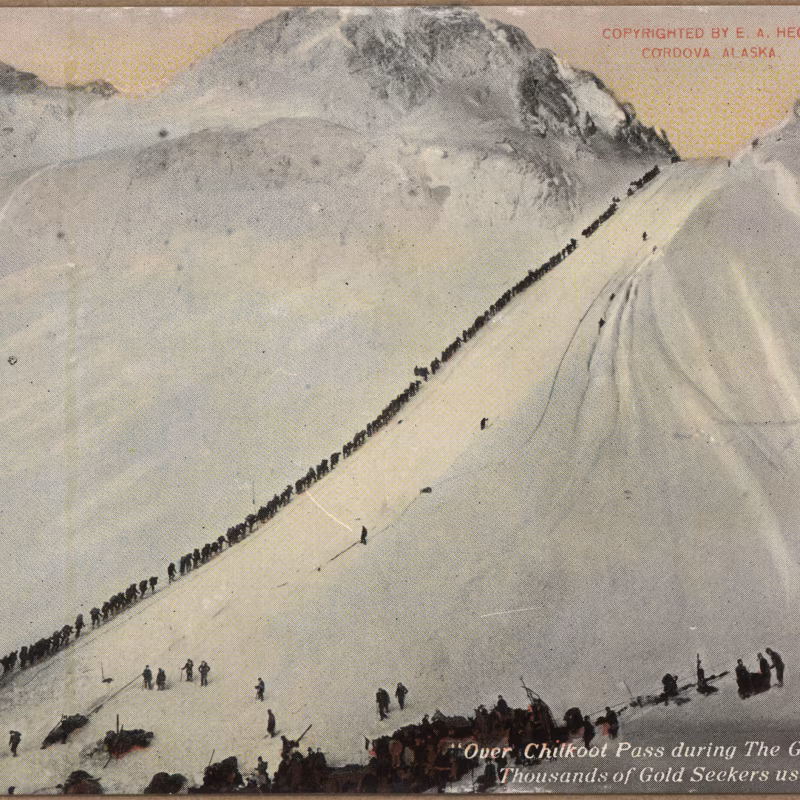 De geschiedenis van de goudkoorts in de Verenigde Staten Over Chilkoot Pass during the Gold Rush in Alaska