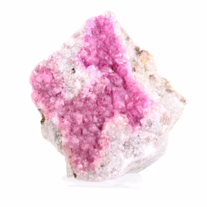 Cobaltocalcite du Congo, cristaux roses en vitrine